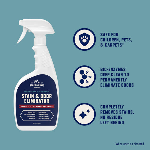Rocco & Roxie Supply Co. Stain & Strong Odor Eliminator, Enzyme Cleaner, Pet Odor Eliminator for Home - Carpet Stain Remover for Cats & Dog Pee - Urine Destroyer - Carpet Cleaner Spray Clear, 32 Fl Oz