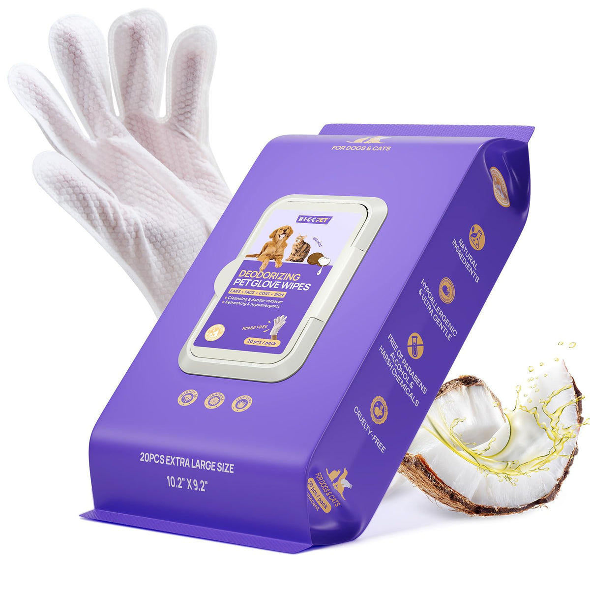 HICC PET Dog Wipes Cleaning Deodorizing Glove Wipes for Dogs, Cats & Horses, Hypoallergenic Hydrating & Nourishing Pet Wipes for Eyes, Ears, Butt & Paws, No-Rinse, 20pcs Coconut Scent