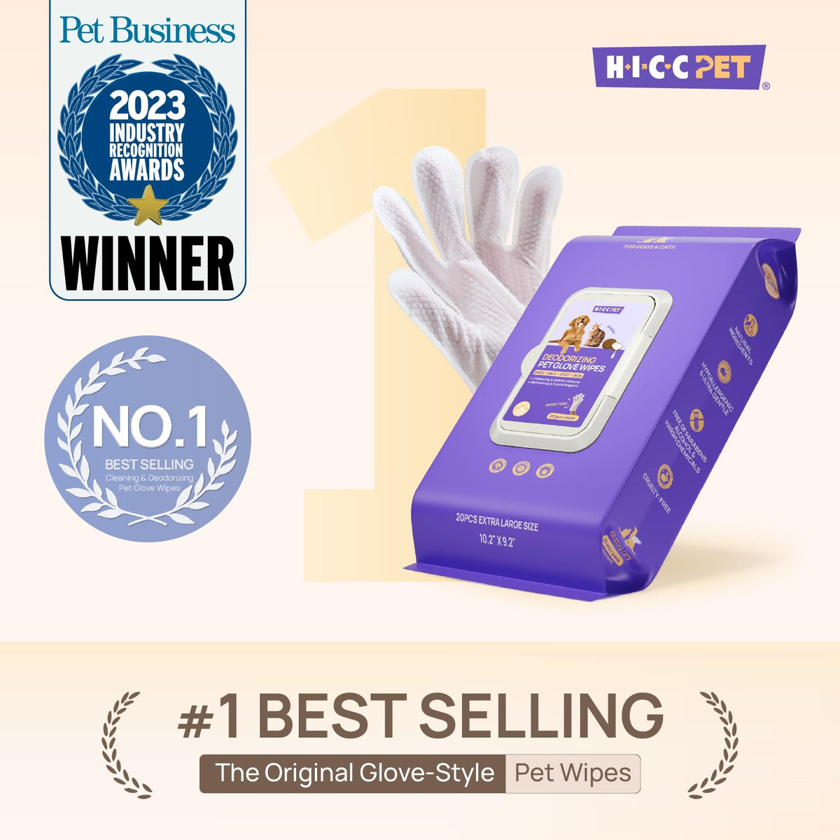 HICC PET Dog Wipes Cleaning Deodorizing Glove Wipes for Dogs, Cats & Horses, Hypoallergenic Hydrating & Nourishing Pet Wipes for Eyes, Ears, Butt & Paws, No-Rinse, 20pcs Coconut Scent