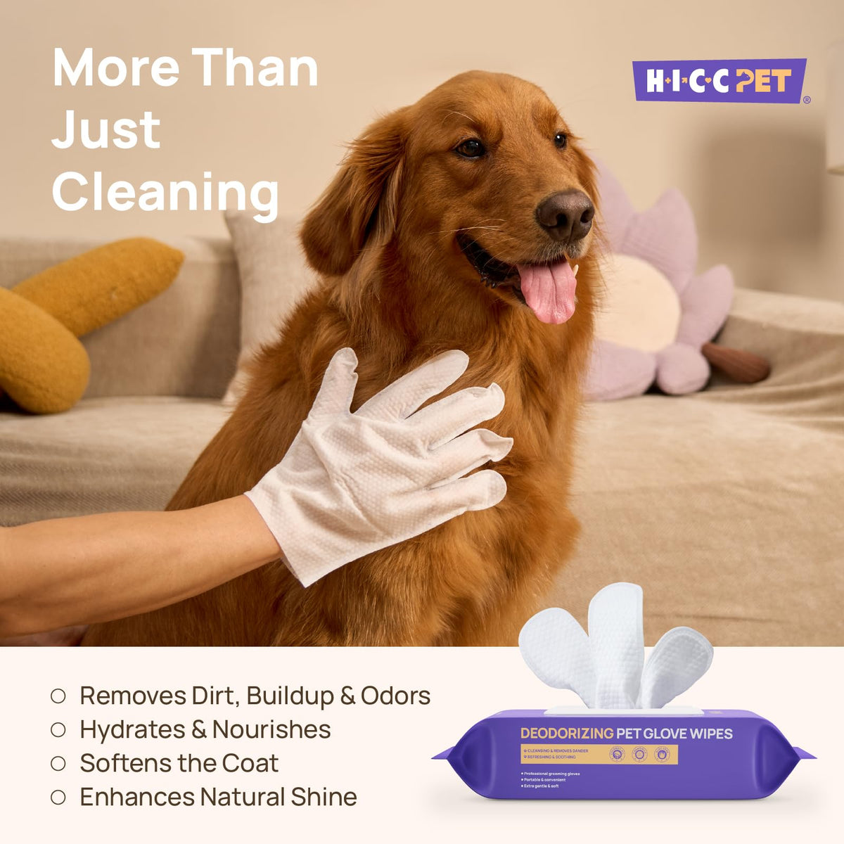 HICC PET Dog Wipes Cleaning Deodorizing Glove Wipes for Dogs, Cats & Horses, Hypoallergenic Hydrating & Nourishing Pet Wipes for Eyes, Ears, Butt & Paws, No-Rinse, 20pcs Coconut Scent